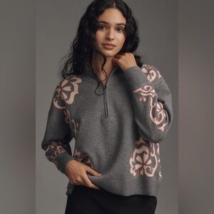 Anthropologie Gray Sweater with Pink Floral Pattern